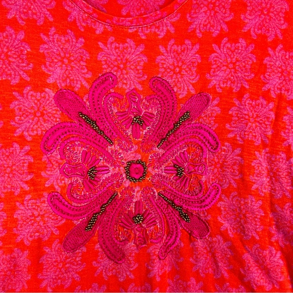 Chico’s Shirt Women 4 (XXL) Pink Coral‎ Short Sleeve Jacquard Embroidered *Read - Picture 8 of 12